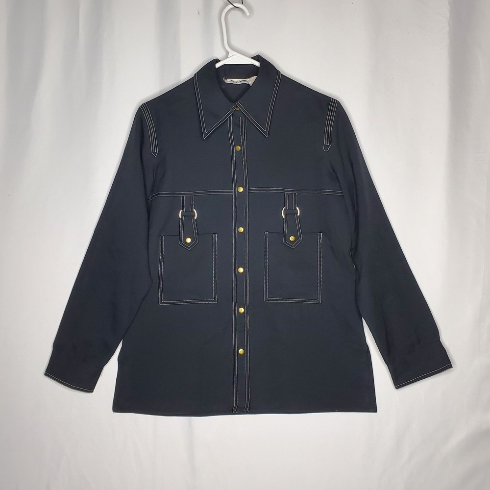 Bonwit Teller 70s Vtg Western Shirt Women 12 Black Snaps Point Collar Topstitch